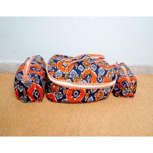 Hand Block Printed cotton Quilted vanity set With Zip Closure Floral Printed Cotton Fabric Bag for Women Cosmetic Bag Set - Product Image 1