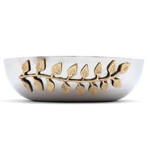 Frutero Decorativo Plateado Martillado con Detalle de Hoja Dorada, Cesta Multiusos de Acero Inoxidable y Latón para el Hogar - Product Image 1