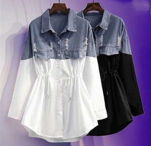 Robe chemise femme bicolore en denim et coton avec cordon de serrage à la taille - Product Image 5