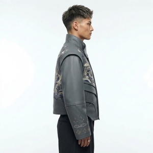 Chaqueta de Cuero Genuino con Cuello Mandarín, Patrón Geométrico Bordado, Estilo Urbano, Corte Regular, Cierre de un Solo Botón, para Otoño - Product Image 3