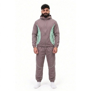 Ensemble de survêtement gris à capuche pour homme avec empiècements crème, manches longues, décontracté, respirant, en polyester et coton, pour l'automne - Product Image 2