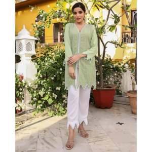 Conjunto de Kurta de Chifón Chikankari Transpirable Verde Talla XS para Mujer - Product Image 6