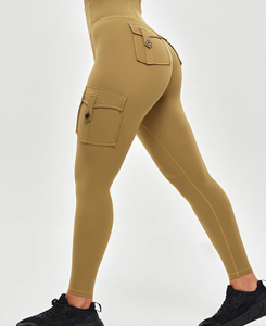 Nouveaux leggings de yoga élégants à taille basse, couleur unie, coupe évasée, sans coutures, avec poches, extensibles dans quatre directions, longueur intégrale, en spandex et polyester - Product Image 3