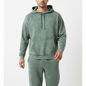 Ensemble de survêtement à capuche pour homme, vert uni, en coton, décontracté, avec cordon de serrage et poches, idéal pour l'automne - Product Image 1
