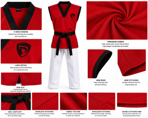 Uniforme de Taekwondo Transpirable de Algodón Rojo Internacional Dumela, Cinturón Negro con Logotipo, Ropa de Artes Marciales Unisex para Entrenamiento, Cintura Alta - Product Image 3