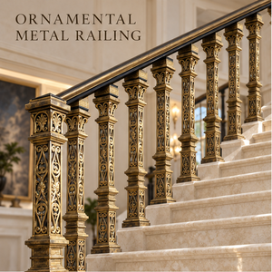 Rampe d'escalier en métal décoratif bronze antique avec balustres carrés sculptés pour villas, hôtels et intérieurs classiques - Product Image 2