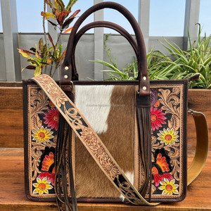 กระเป๋าโท้ทหนังทำมือสำหรับผู้หญิง, กระเป๋าหนังวัวลายดอกไม้ความจุขนาดใหญ่กระเป๋าพาดลำตัว - Product Image 2