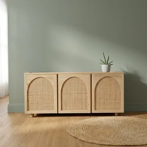 Buffet vintage en bois récupéré avec trois portes en rotin tressé à la main, finition naturelle, meubles rustiques - Product Image 5