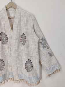 Chaqueta Bomber de Algodón con Estampado Artesanal, Reversible, Ecológica, con Estampado Floral Bohemio, Manga Corta, Dobladillo con Borlas, para Invierno - Product Image 3