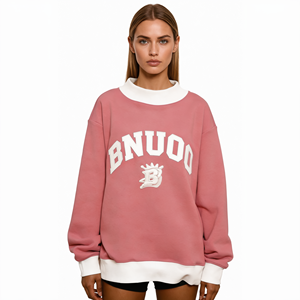 Sudadera Rosa con Apliques de Letras Varsity para Mujer, Sudadera Casual con Capucha, Manga Larga, Cuello Alto, Diseño Colorblock, Ropa OEM - Product Image 1