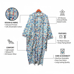Bata de algodón con estampado artesanal, estilo kimono, larga, azul floral, para descansar, con lazo en la cintura y bolsillos, ligera - Product Image 6