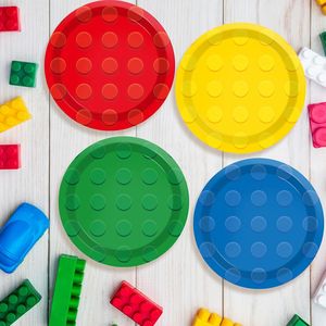 48 Piatti di Carta a Tema Mattoncini da Costruzione per Feste di Compleanno, Stoviglie e Decorazioni per Feste - Product Image 1