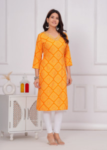 Women Yellow Printed <b>Kurti</b> Ethnic Casual Wear <b>Kurti</b>, Embroidery Work <b>Kurti</b> , Trendy <b>Kurti</b> , New Kurta - Product Image 3