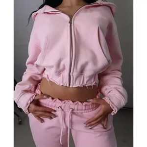 Oem New Trending Stand Collar Zip up Crop Top <b>Jacket</b> Custom logo Vintage Acid Wash Two Piece Shorts & Hoodie Set for Women - Product Image 3