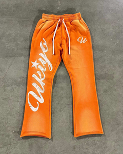 Custom Lightweight Casual Flared <b>Joggers</b> Applique Graphic Embroidered Patches <b>Stacked</b> Flare Baggy Sweatpants Acid Wash Men's - Product Image 1