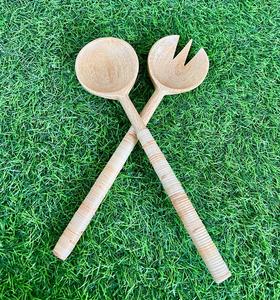 Handmade Wooden Salad Server Set with Rattan <b>Wrap</b> Handle Eco-friendly Natural Wood Large Serving Spoon and Fork <b>Kitchen</b> Utensil - Product Image 4