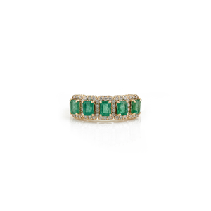 Anillo de Media Eternidad con Halo de Oro Amarillo Real K14 con Esmeraldas y Diamantes de Alta Calidad, Precio al por Mayor, Fabricante de Joyería - Product Image 1