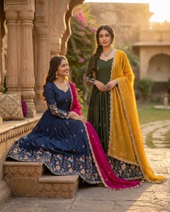 New Designer Indian and Pakistani <b>Wedding</b> wear Heavy Faux Blooming Material Sequence Zari Thread Embroidery Work Anakali Gowns - Product Image 6