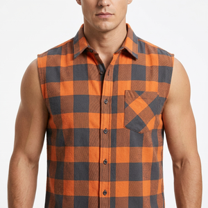 Custom <b>Men's</b> Sleeveless Plaid Flannel <b>Shirt</b> <b>Orange</b> Gray Checkered Casual Turn-down Collar Breathable Woven Fabric Autumn <b>Shirts</b> - Product Image 4