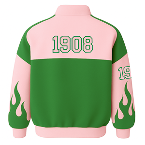 Alfa |   Kapa |   Chaqueta Deportiva Universitaria para Mujer Alpha Sorority, AKA Verde Rosa, con Botones a Presión, Estilo Motociclista, Diseño de Llamas - Product Image 3