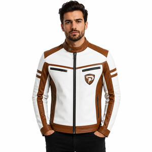 <b>Men's</b> <b>White</b> Brown PU Leather Motorcycle <b>Jacket</b> Stand Collar Zipper Front Moto Biker Style Regular Fit - Product Image 3