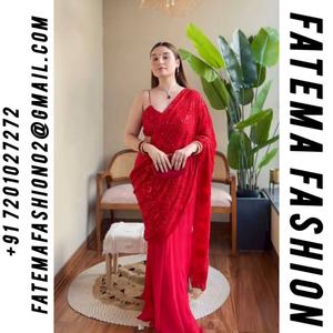 Nuevo y Exclusivo Tela de Georgette Estilo Indio para Fiesta, con Estampado Digital, Bordado, Ribete de Encaje, Sin Costuras, Lavable - Product Image 2