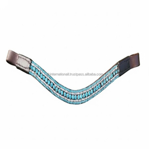 Bandeau de tête de cheval en cuir véritable, de qualité excellente, fait main, avec cinq rangées de cristaux bleus et blancs, strass et chaîne métallique. - Product Image 4
