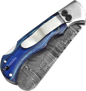 Cuchillo de bolsillo plegable de acero de Damasco hecho a mano de grado industrial UA Supplies con mango de madera, bolster de acero inoxidable y funda de cuero. - Product Image 4