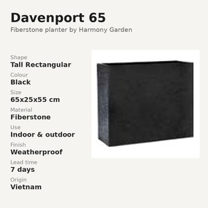 Jardinière rectangulaire haute Davenport 65 en Fiberstone noire 65x25x55cm, grand pot de fleurs d'intérieur et d'extérieur résistant aux intempéries, Vietnam - Product Image 3