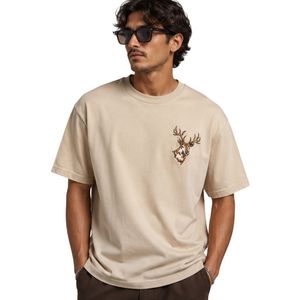 เสื้อยืดโอเวอร์ไซส์สีเบจสำหรับผู้ชาย แขนสั้น ผ้าฝ้าย คอกลม ปักลายกวาง โลโก้ ลำลอง สตรีทแวร์ ทรงหลวม แฟชั่นฤดูร้อน - Product Image 1