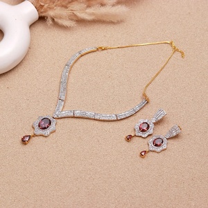 Rhodolite CZ Oval Necklace Set Diamond Look 22K Gold Plated Brass Elegant Bridal Jewelry Adjustable Chain - Product Image 1