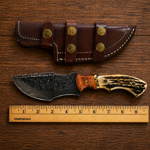 Couteau de chasse multifonctionnel artisanal en acier à haute teneur en carbone, 9 pouces, manche en corne, pour le camping, avec étui en cuir pour une utilisation en extérieur - Product Image 1