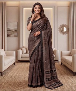 Sari traditionnel en soie marron, longueur ras du sol, pour fêtes et mariages, vêtements ethniques indiens et pakistanais pour femmes, séchage rapide 85324 DVD ON5176 - Product Image 1