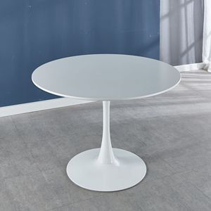 Tavolo da Pranzo Tulip Bianco Mid-Century da 107 cm con Piano in MDF, Base a Piedistallo e Cinghia in Pelle per 4-6 Persone, per Casa o Ufficio - Product Image 4