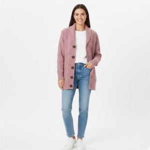 Cárdigan Personalizado de Punto Trenzado Rosa con Cuello Chal, Cuello en V, Botones Cubiertos con Bordado, Patrón a Cuadros, Unisex - Product Image 5