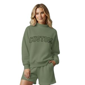 Ensemble sweat-shirt et short pour femme, vert lime uni, imprimé texte « CUSTOM », col montant, coupe oversize, manches longues, style streetwear décontracté - Product Image 6
