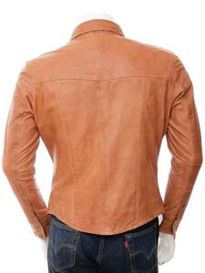Men's Brown Leather Vintage Casual <b>Shirt</b> <b>Half</b> Sleeve Horn <b>Button</b> Stand Collar Solid Color Winter Wear Urban Export Line - Product Image 3