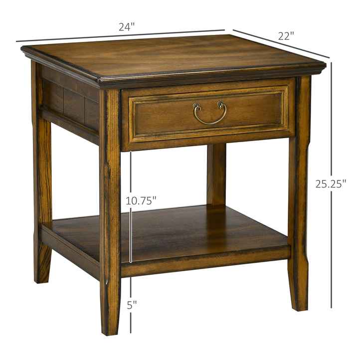 Dark Coffee Retro Side Table with Storage Drawer and Open Shelf End Table for Living Room Bedroom Furniture