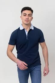 T-shirt de performance pour homme à manches courtes avec logo personnalisé, coupe ajustée, col contrastant, bleu marine, tricoté de haute qualité, séchage rapide - Product Image 3
