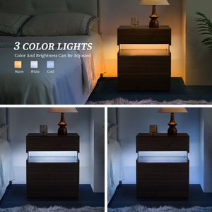<b>Walnut</b> LED Nightstands 3-Drawer Dresser with Acrylic Board Bedside <b>Tables</b> for Bedroom End <b>Table</b> - Product Image 3