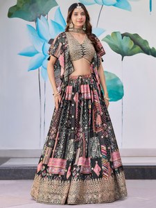 Bohemian Embroidered Silk <b>Lehenga</b> Set V-Neck Crop Top A-Line Floor-Length Skirt Black Pink Floral Print Classic Lace-Up Back - Product Image 1