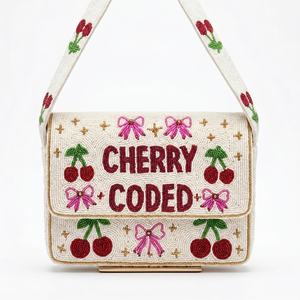 Cherry Coded Embroidered Beaded <b>Clutch</b> Bag With Pink Bows And <b>Red</b> Cherries Craft handbag Women fashion beaded accessory - Product Image 3