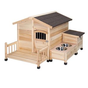 HOBBYZOO Wooden <b>Dog</b> <b>House</b> <b>Outdoor</b> Pet Shelter with Cabin Style Waterproof Asphalt Roof Porch Feeding Bowl Storage Box Nat - Product Image 2