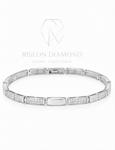 Bracelet tennis en or blanc 18 carats à maillons géométriques, segments rectangulaires pavés de diamants, bijoux de luxe contemporains, modernes et minimalistes - Product Image 1