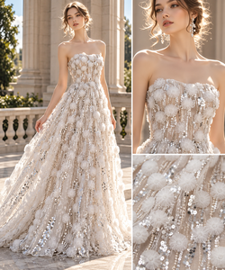 White 3D Flower Lace Fabric with Beaded <b>Sequins</b> Sheer Bridal Wedding Dress <b>Material</b> - Product Image 6