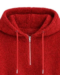 Sweat à capuche court en polaire texturée rouge personnalisé, avec fermeture éclair quart de tour, ourlet à cordon de serrage réglable, style streetwear décontracté, pull chaud pour homme, logo personnalisé - Product Image 5