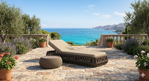 ROBD-009 Lit de jardin en osier méditerranéen avec coussin bleu résistant aux intempéries, mobilier de jardin 6 places, design moderne en aluminium - Product Image 2