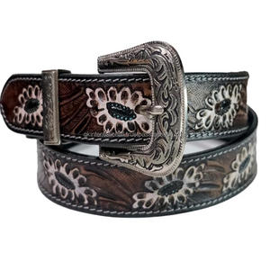 New Trendy Unisex Western Cowboy Style Hand Carved Floral Embossed Men's Fashion Western Leather Tooling Belt - Product Image 4