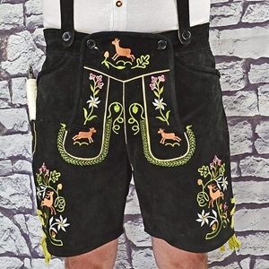 Men Bavarian Lederhosen <b>Shorts</b> Embroidered Solid Eco-Friendly Traditional Trachten Pants Mid Waist Button Fly Casual Wear - Product Image 5