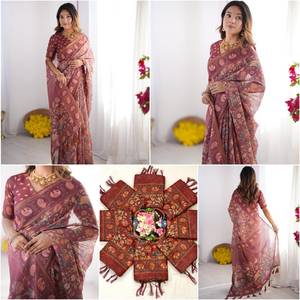 Sari indio tradicional de seda con estampado de elefantes, color granate, para bodas, para mujer, largo hasta el suelo, corte regular. - Product Image 6